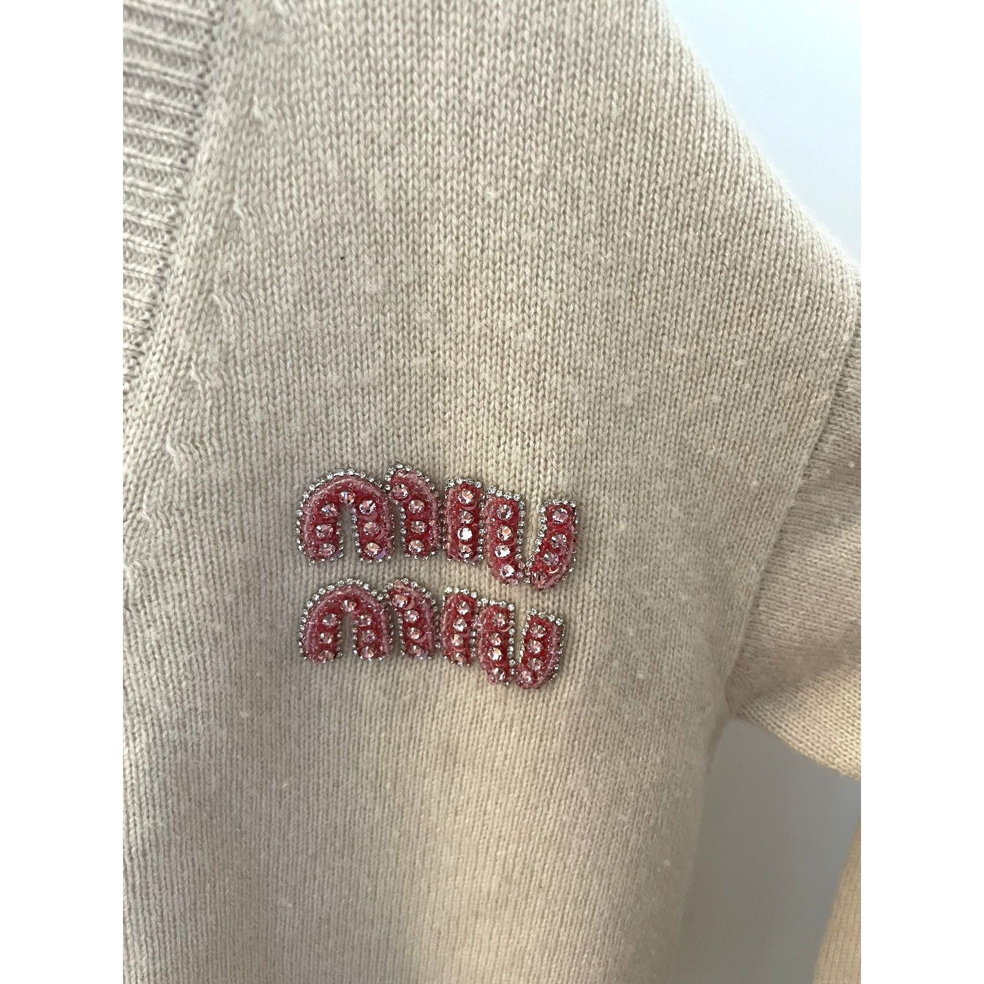 Miu Miu Miu Miu Womens Beige Knit Wool Button-Up Cardigan With Cryst Size XS / US 0-2 / IT 36-38 - 3 Thumbnail