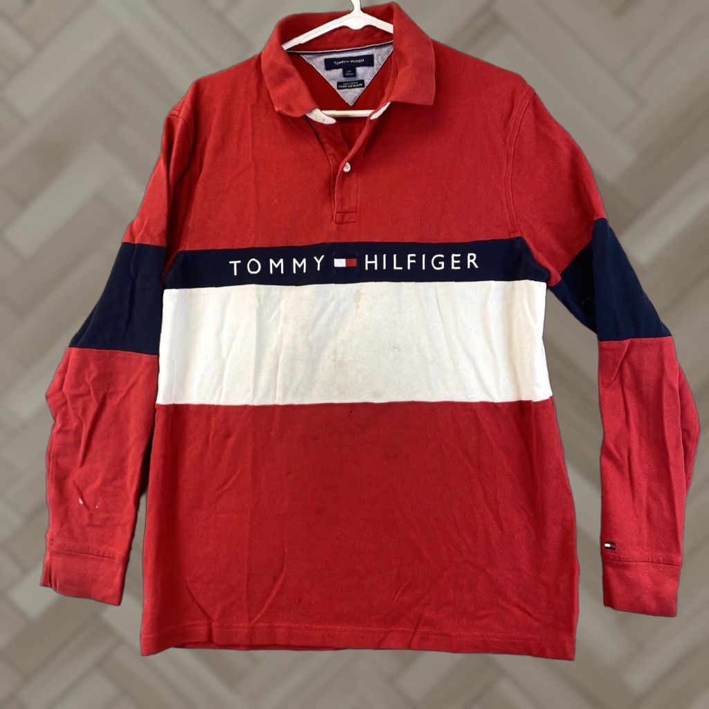 Tommy Hilfiger VINTAGE Tommy Hilfiger Polo Shirt Men L Long Sleeve Blue & White Striped Golf Tennis Cycling Size US L / EU 52-54 / 3 - 1 Thumbnail