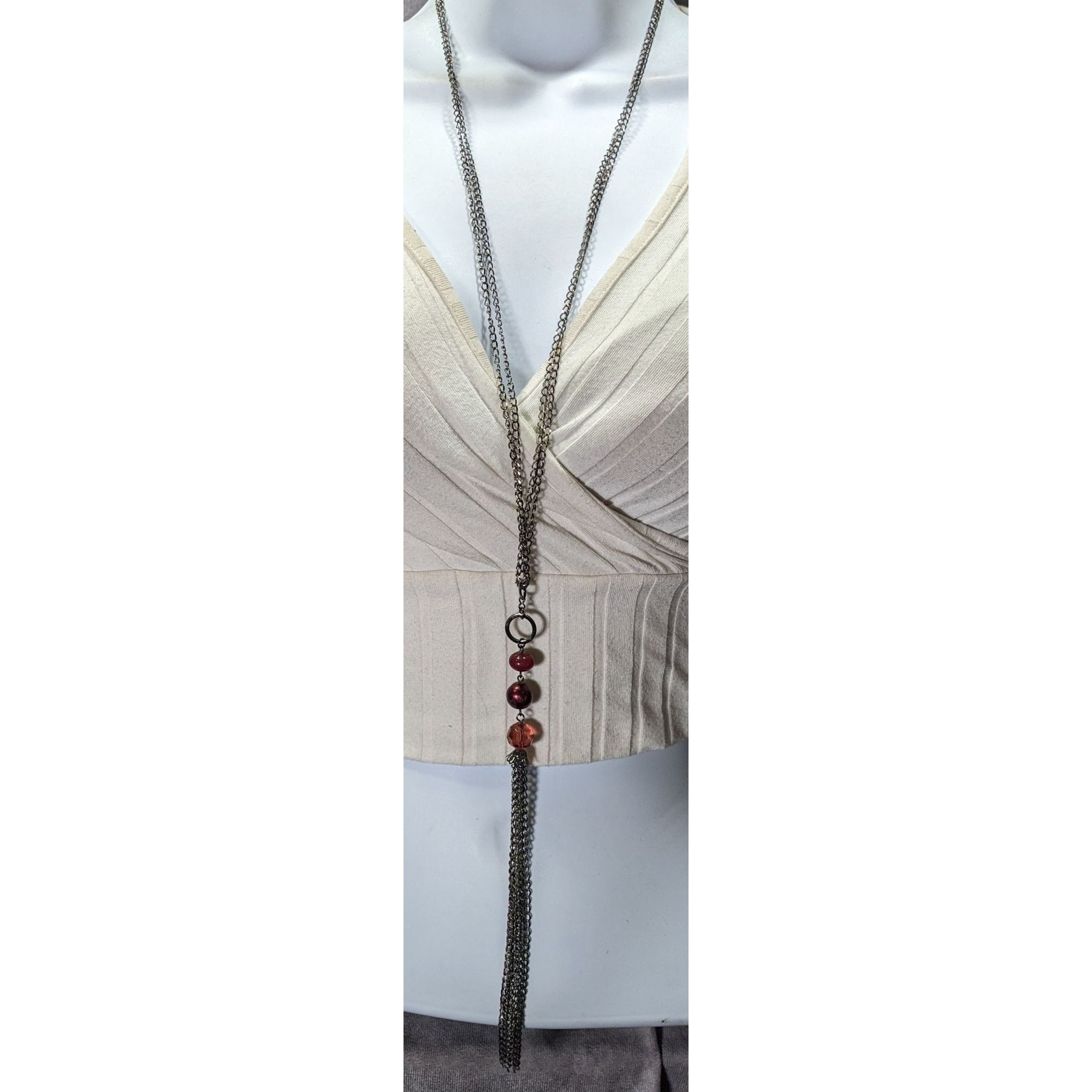 Other Bonnie J Red Gemmed Multi-Chain Silver Tone Tassel Necklace Size ONE SIZE - 2 Thumbnail
