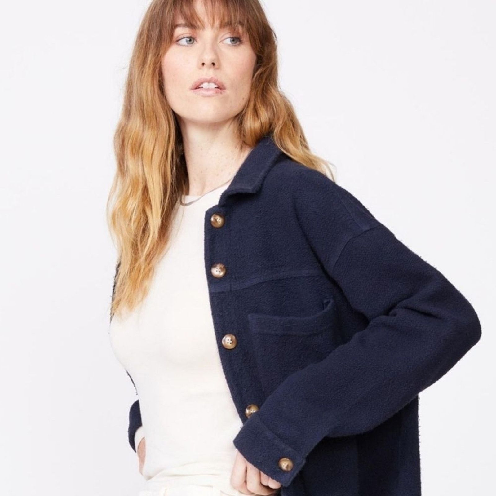 MONROW MONROW Navy Blue Teddy Fleece Button Down Shacket Size S Size S / US 4 / IT 40 - 1 Thumbnail