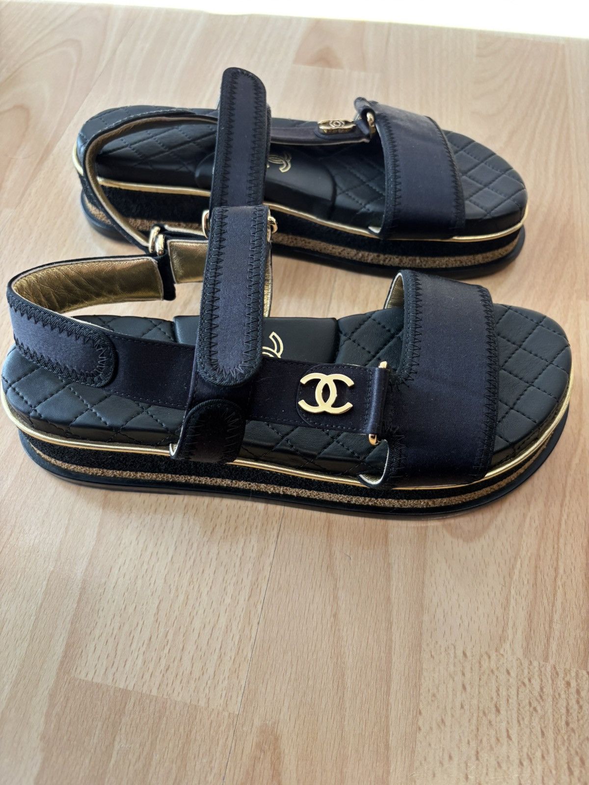 Chanel Chanel Black Satin CC Velcro Strap Flat Sandals Size US 5 / IT 35 - 2 Thumbnail