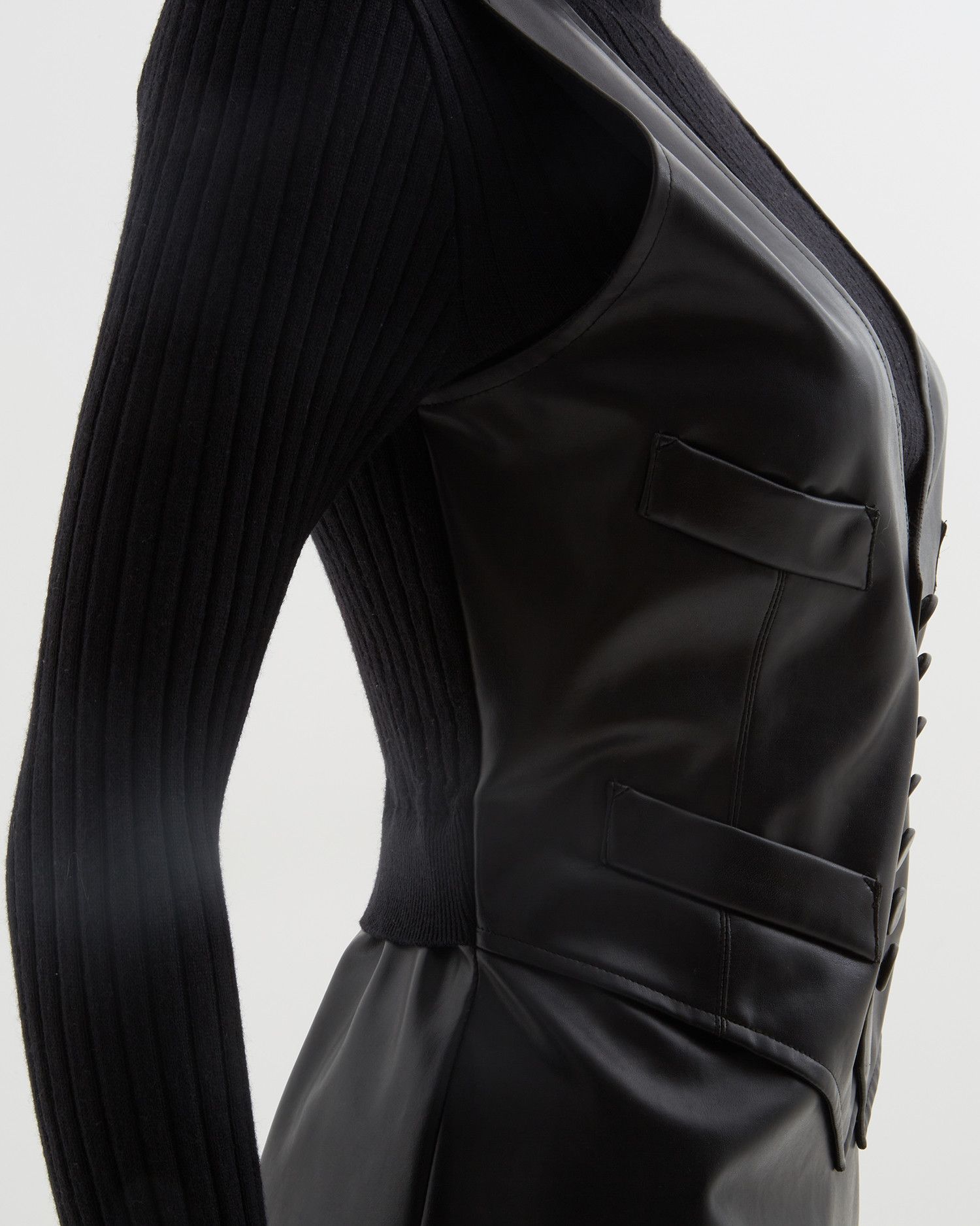 Jean Paul Gaultier Early 90's black leather & ribbed knit high-neck wool dress Size M / US 6-8 / IT 42-44 - 6 Thumbnail