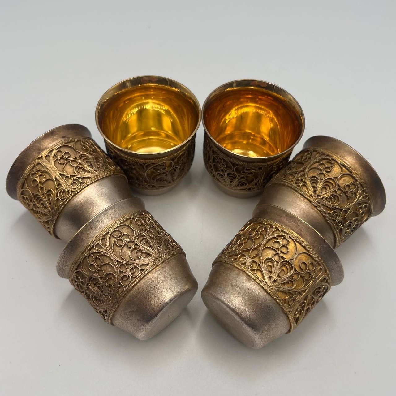 Vintage USSR Filigree Gilded Nickel Silver Shot Glasses