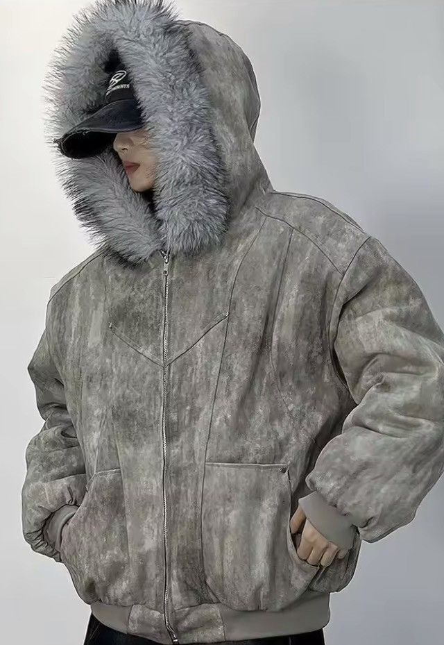Japanese Brand Distressed Acid-Wash Bomber Jacket - Faux Fur Hood Size US S / EU 44-46 / 1 - 1 Thumbnail