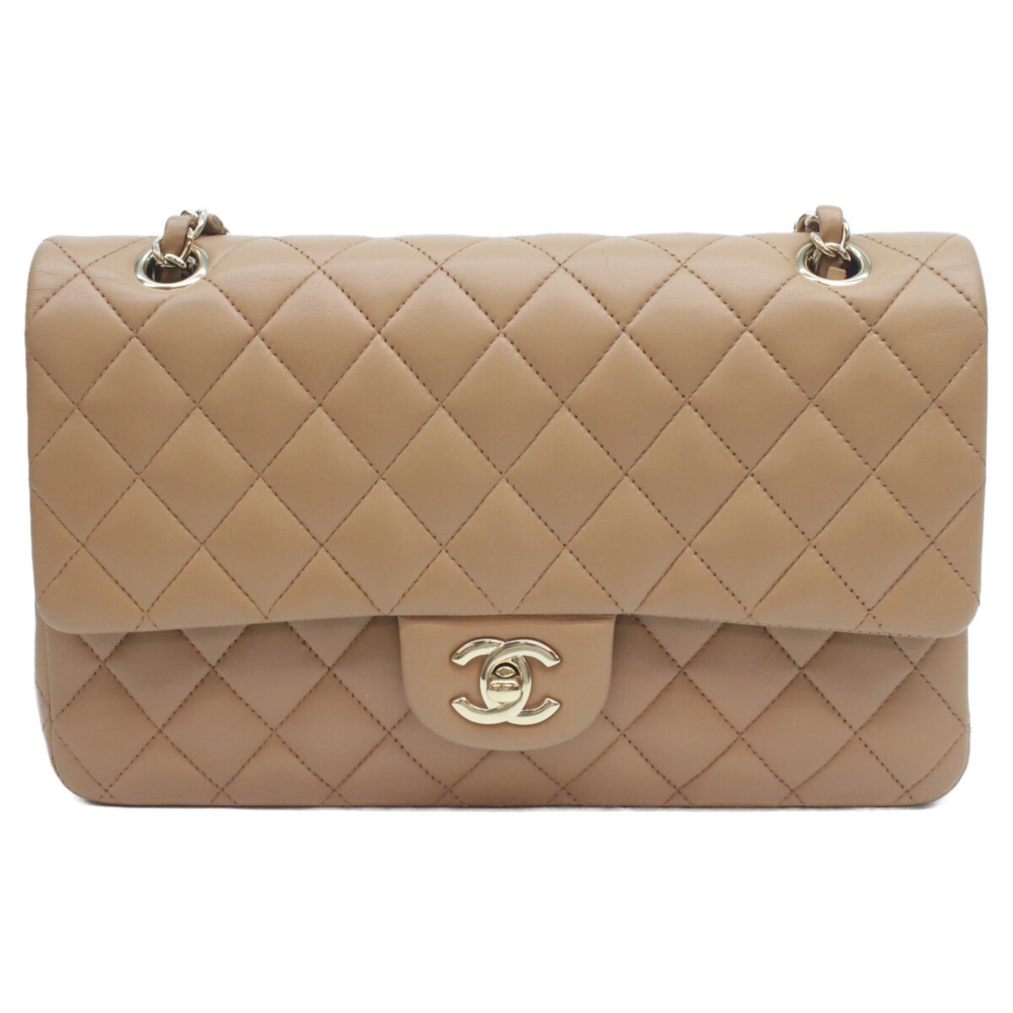 CHANEL A01112 Camel Beige Lambskin with Gold Hardware Double Flap Matelasse 25 Shoulder Bag Beige Women's