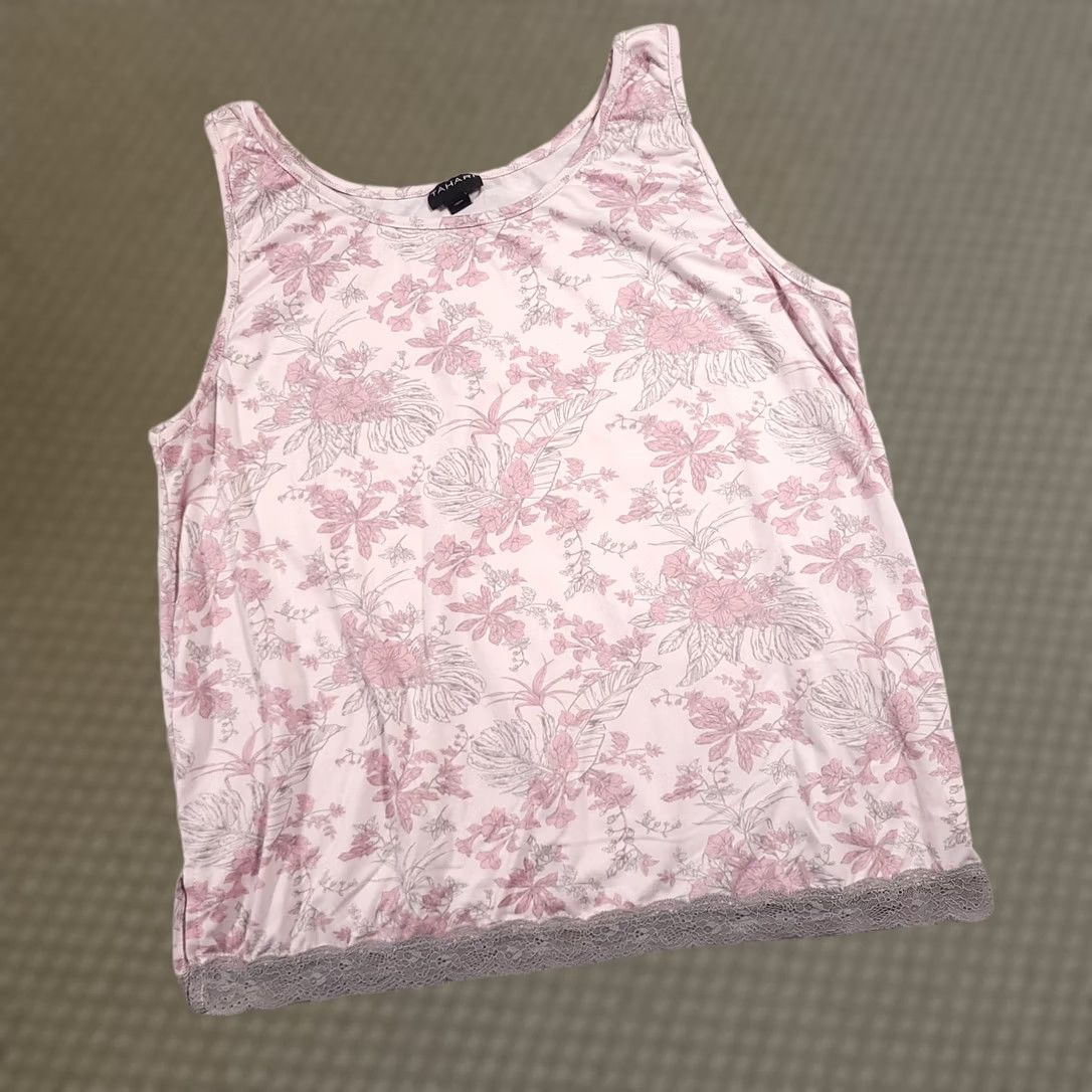 Vintage Tahari Tank Top Womens XL Pink Floral Lace Trim Sleeveless Pajama Shirt Size XL / US 12-14 / IT 48-50 - 1 Thumbnail
