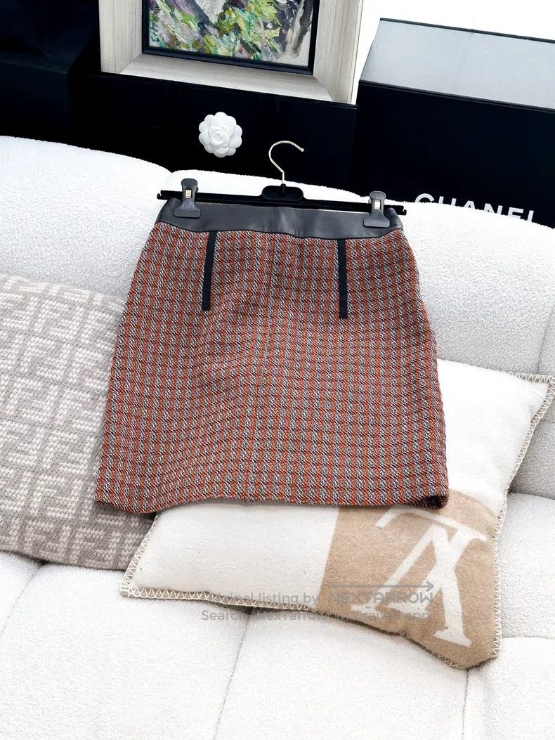 Hermes Hermes Orange Gray Plaid Soft Wool and Leather Edge Skirt Size 24" / US 00 / IT 34 - 3 Thumbnail