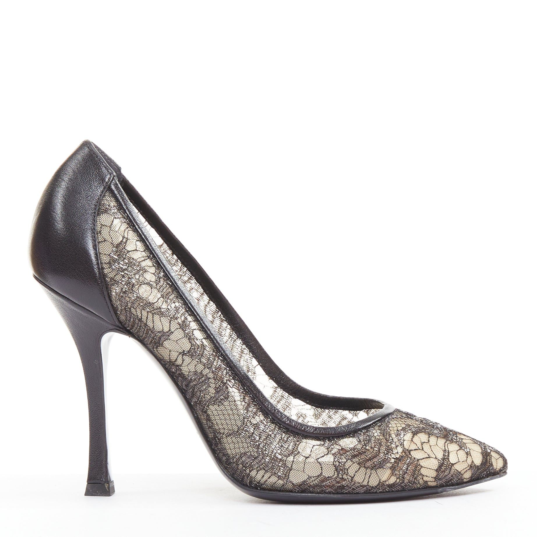 Sergio Rossi SERGIO ROSSI black leather floral lace spool heel pumps EU37.5 Size US 7.5 / IT 37.5 - 1 Thumbnail