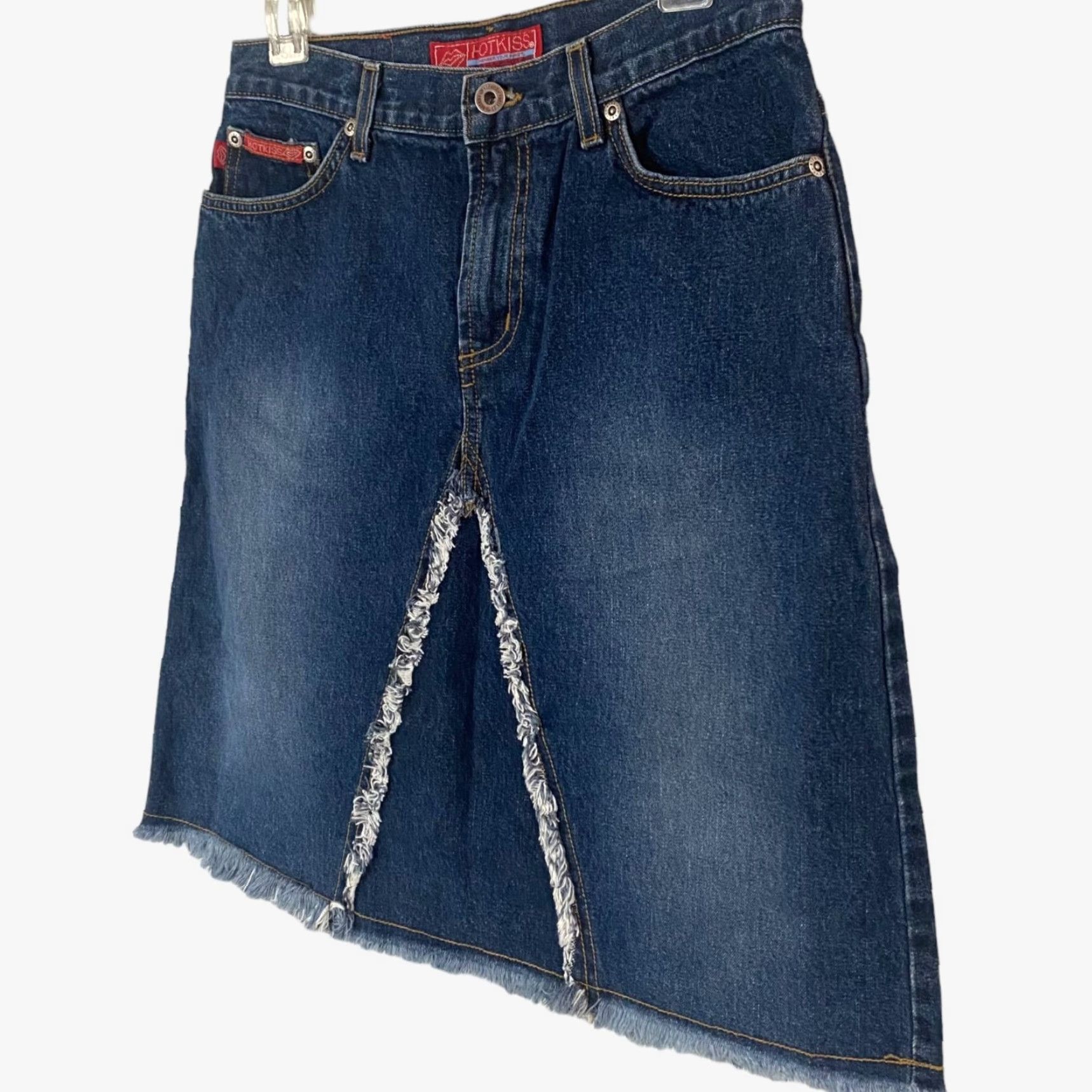 Vintage VINTAGE Hot Kiss Denim Skirt Jeans Skirt High-Waisted A-Line Fringe Blue 31 Women's Short 21" 100% Cotton Mens? Womens Size 24" / US 00 / IT 34 - 2 Thumbnail
