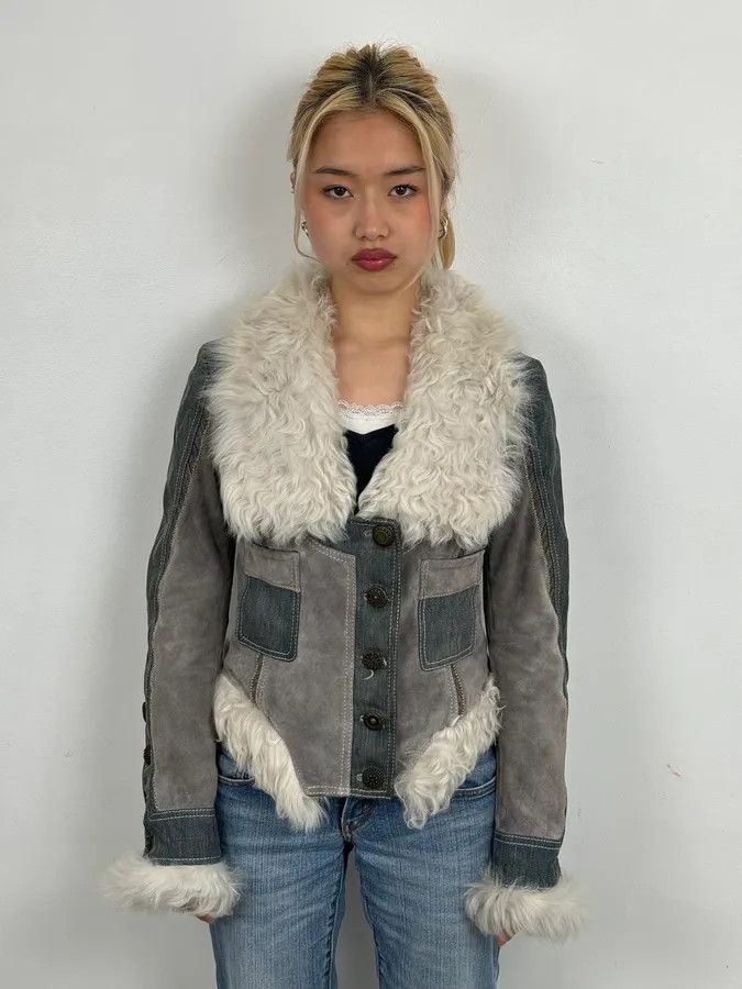 Just Cavalli AW2005 Cavalli Mongolian Fur Grey Leather & Blue Denim Jacket Size S / US 4 / IT 40 - 3 Thumbnail