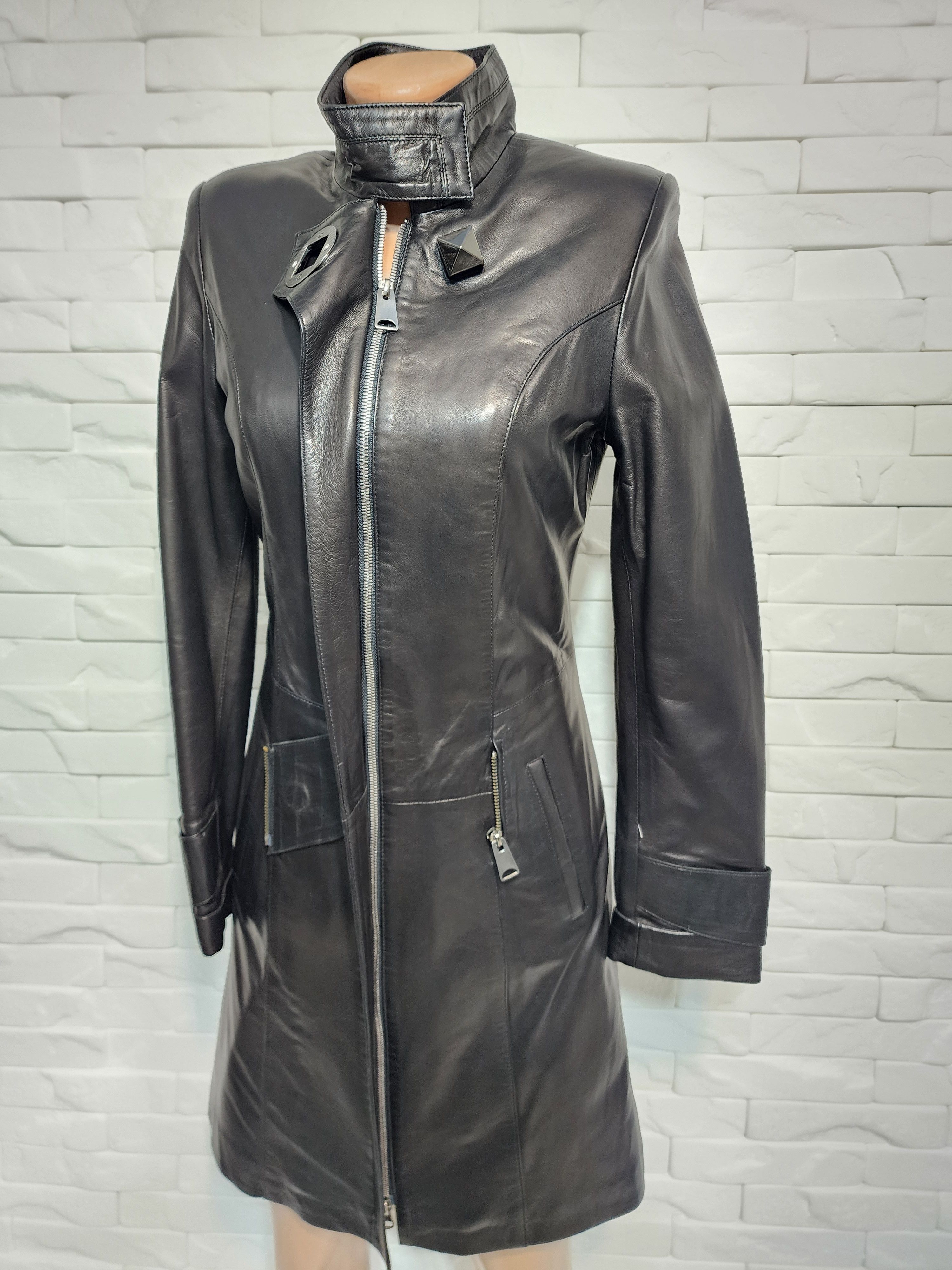 Genuine Leather Black Genuine Leather Jacket: Long Stylish Women's Coat Size S / US 4 / IT 40 - 5 Thumbnail