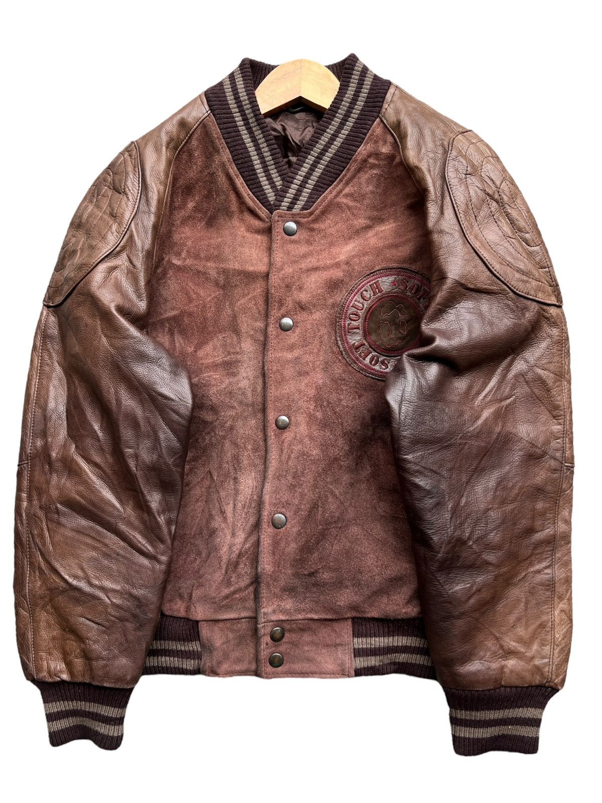 Vintage Vintage 90s Soft Touch Brown Varsity Leather Jacket Size US M / EU 48-50 / 2 - 6 Thumbnail