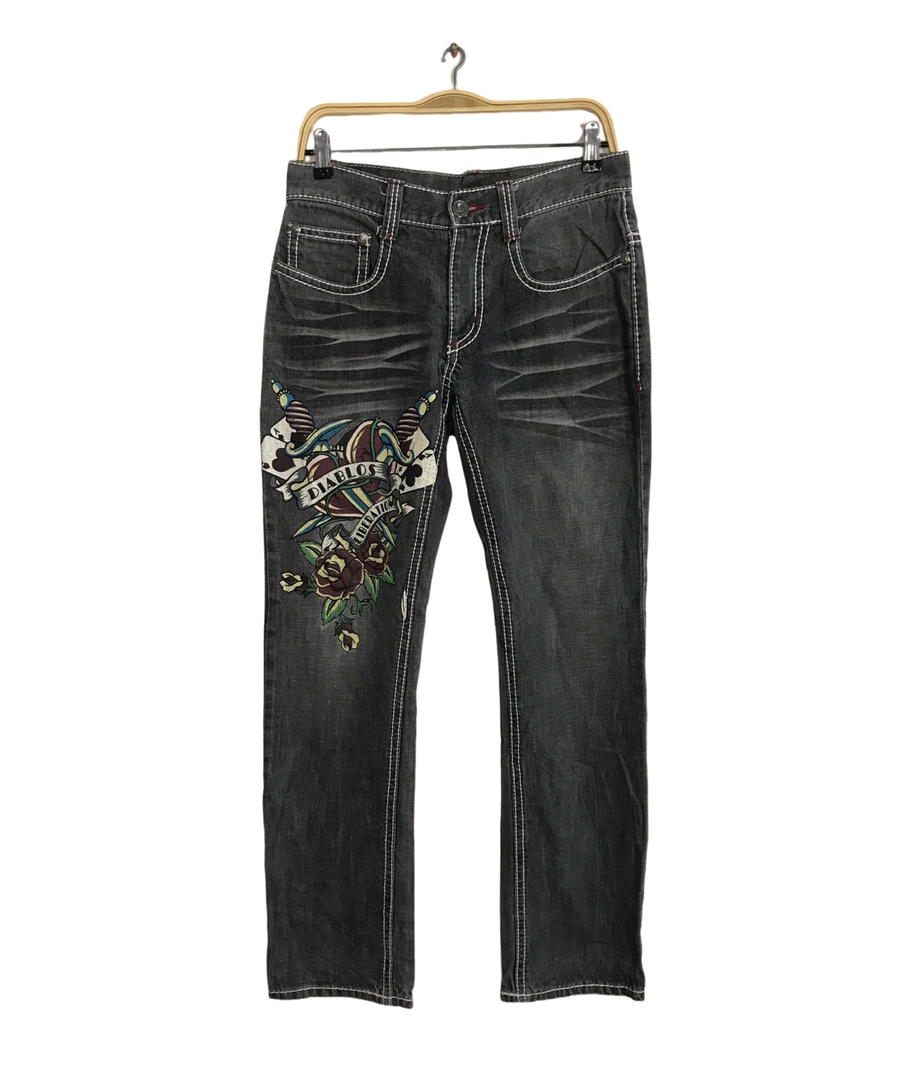 Japanese Brand Diablos Exquilsite Converslou Black Jeans Embroidery Logo Size 29" - 2 Thumbnail