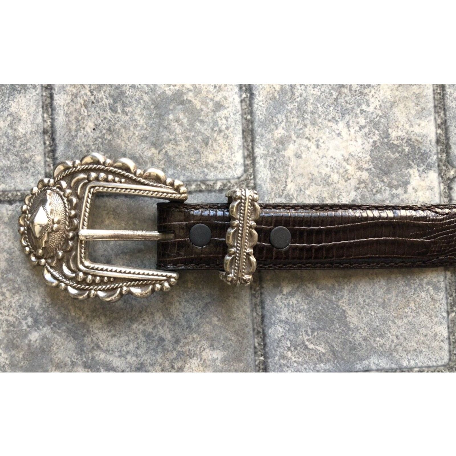 Buckle Black VINTAGE Crumrine Belt Women Chelsea Collections Black Leather Studded Buckle 41in L Size ONE SIZE - 3 Thumbnail