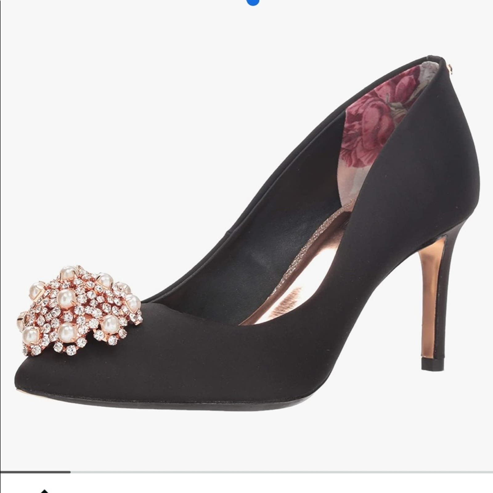image of Ted Baker Women Satin Pearls Jeweled Flower Black Pumps 38 Shoes