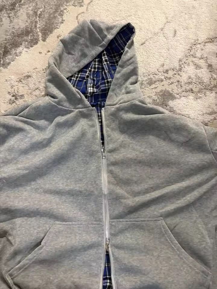 Japanese Brand Reversible Gray Hoodie with Blue Plaid Lining Size US XXL / EU 58 / 5 - 5 Thumbnail
