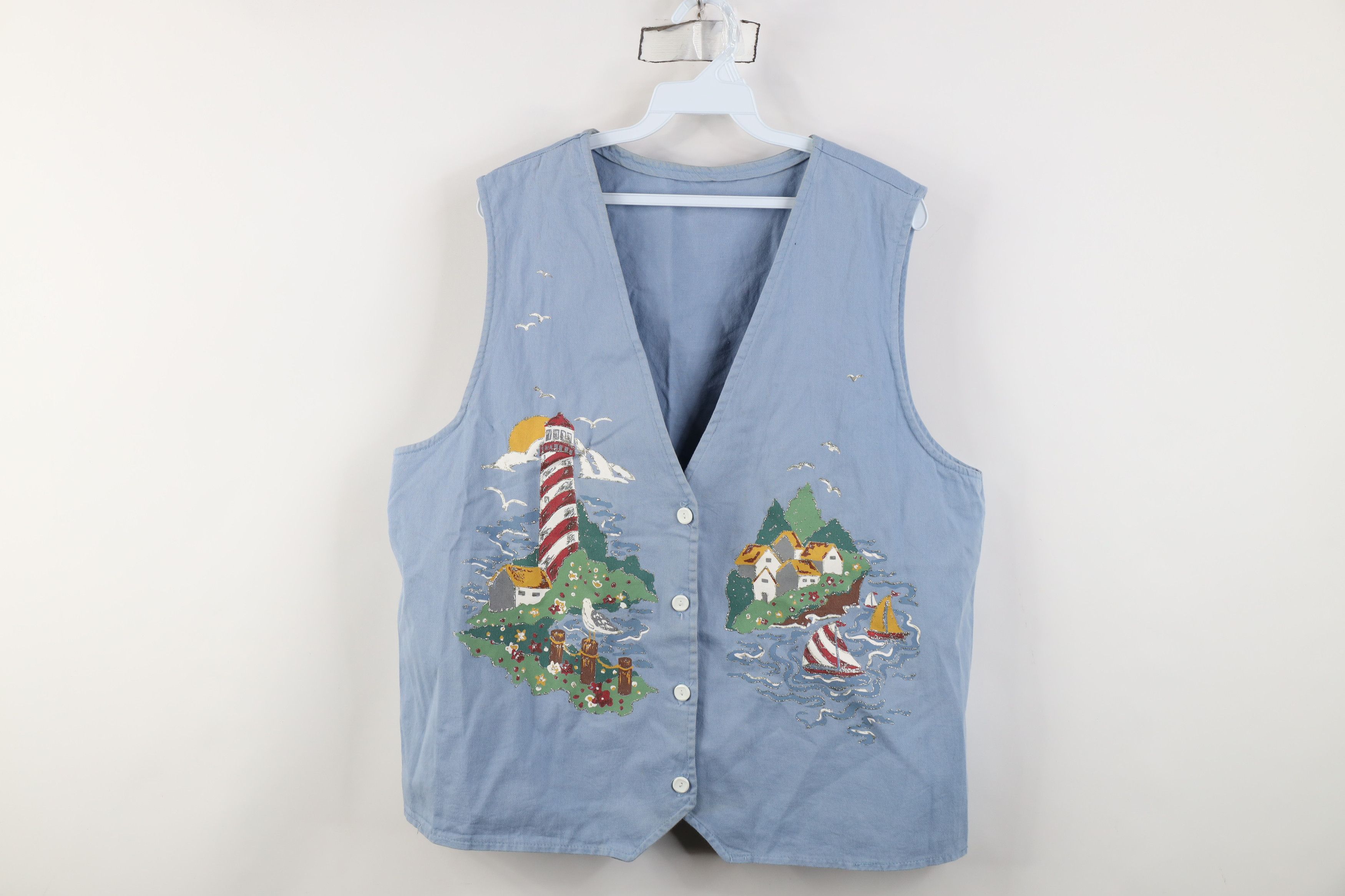 Vintage Vintage 90s Streetwear Glitter Glue Lighthouse Vest Jacket Size XL / US 12-14 / IT 48-50 - 1 Thumbnail
