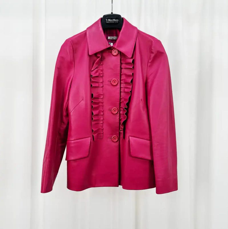 Miu Miu Miu Miu Pink Leather Logo Jacket for Women 0089 Size XS / US 0-2 / IT 36-38 - 1 Thumbnail