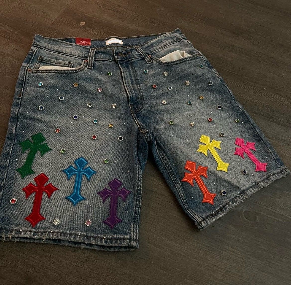 Other Mens denim shorts with multicolor rhienstones and crosses Size US 32 / EU 48 - 1 Thumbnail