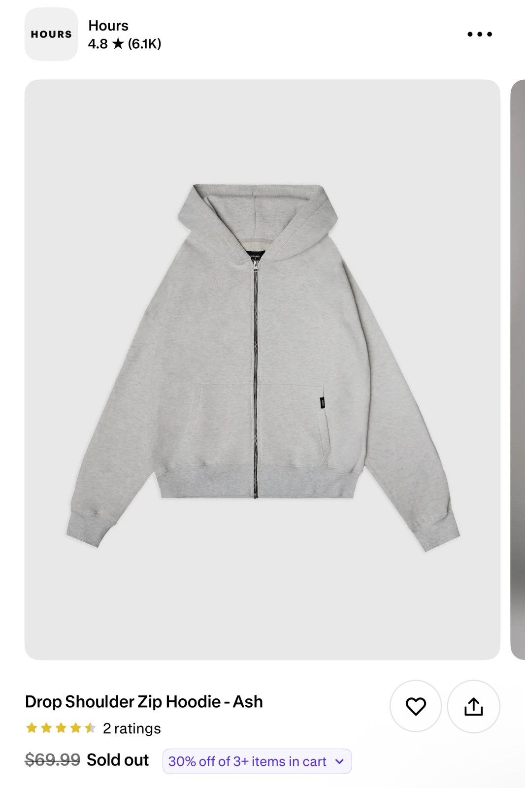 Other HOURS DROP SHOULDER ZIP HOODIE (ASH) Size US M / EU 48-50 / 2 - 1 Thumbnail