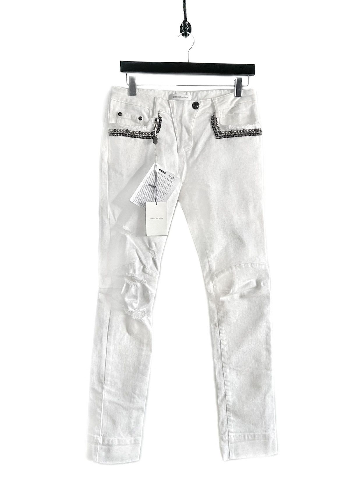 image of Pierre Balmain White Studded Embellished Biker Jeans, Women's (Size 27)