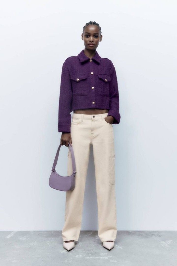 Zara Zara Cropped Tweed Purple Jacket Size S / US 4 / IT 40 - 5 Thumbnail