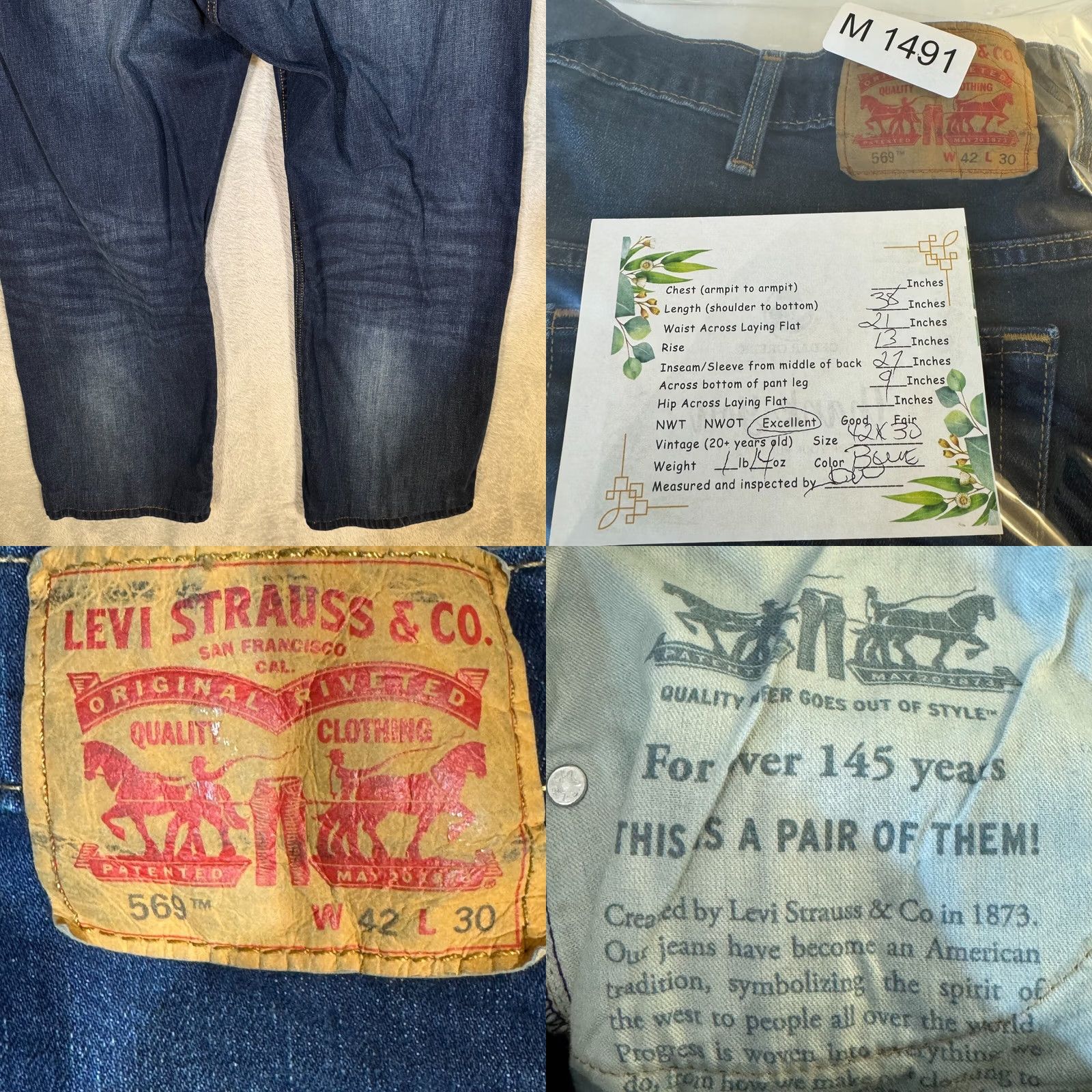 Levi's Levi’s 569 Jeans Mens 42x30 Blue Denim Loose Fit Mid-Rise Straight Leg Size US 42 / EU 58 - 8 Thumbnail