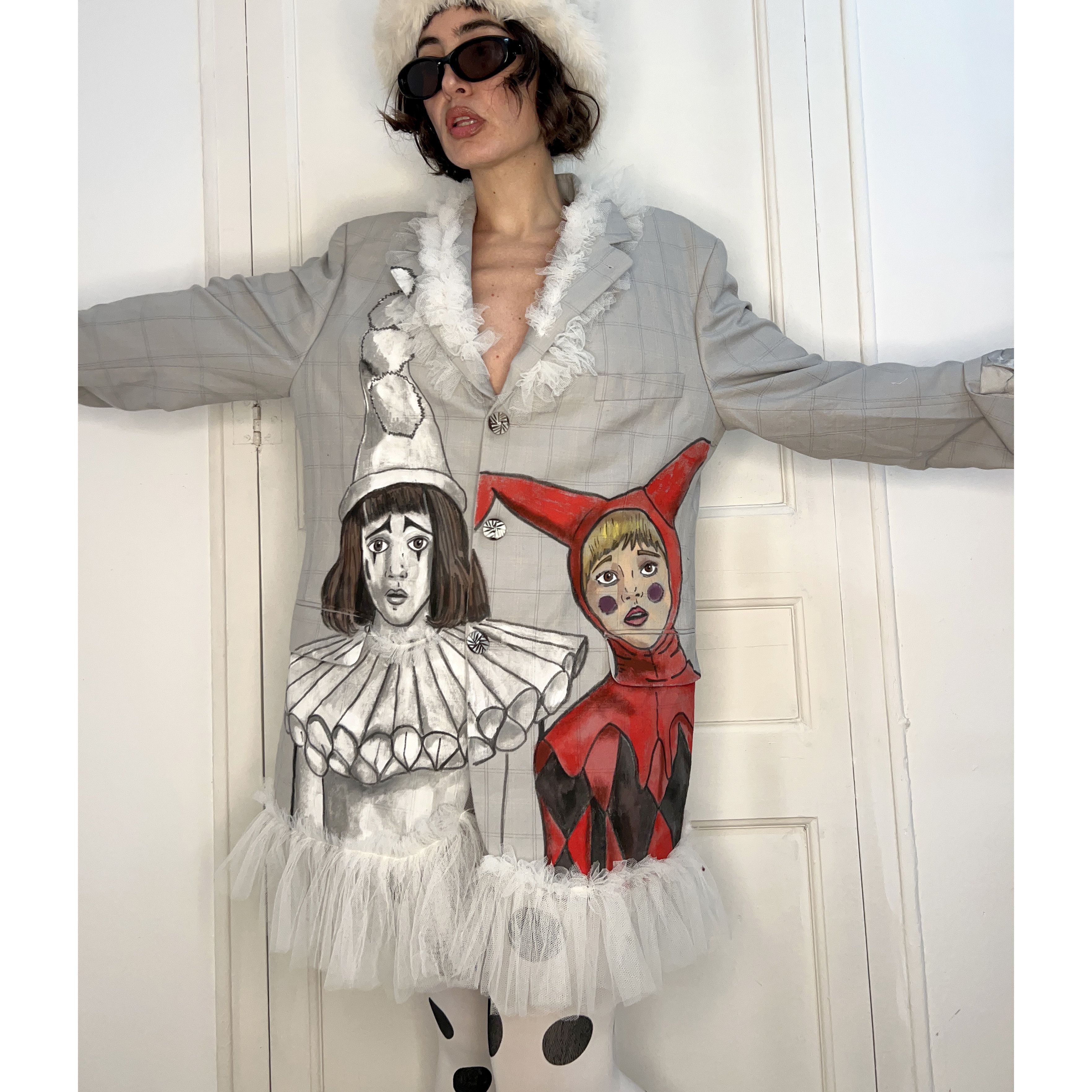 Custommade Hand-Painted Wool Harlequin Pierrot Blazer Size XL / US 12-14 / IT 48-50 - 8 Thumbnail