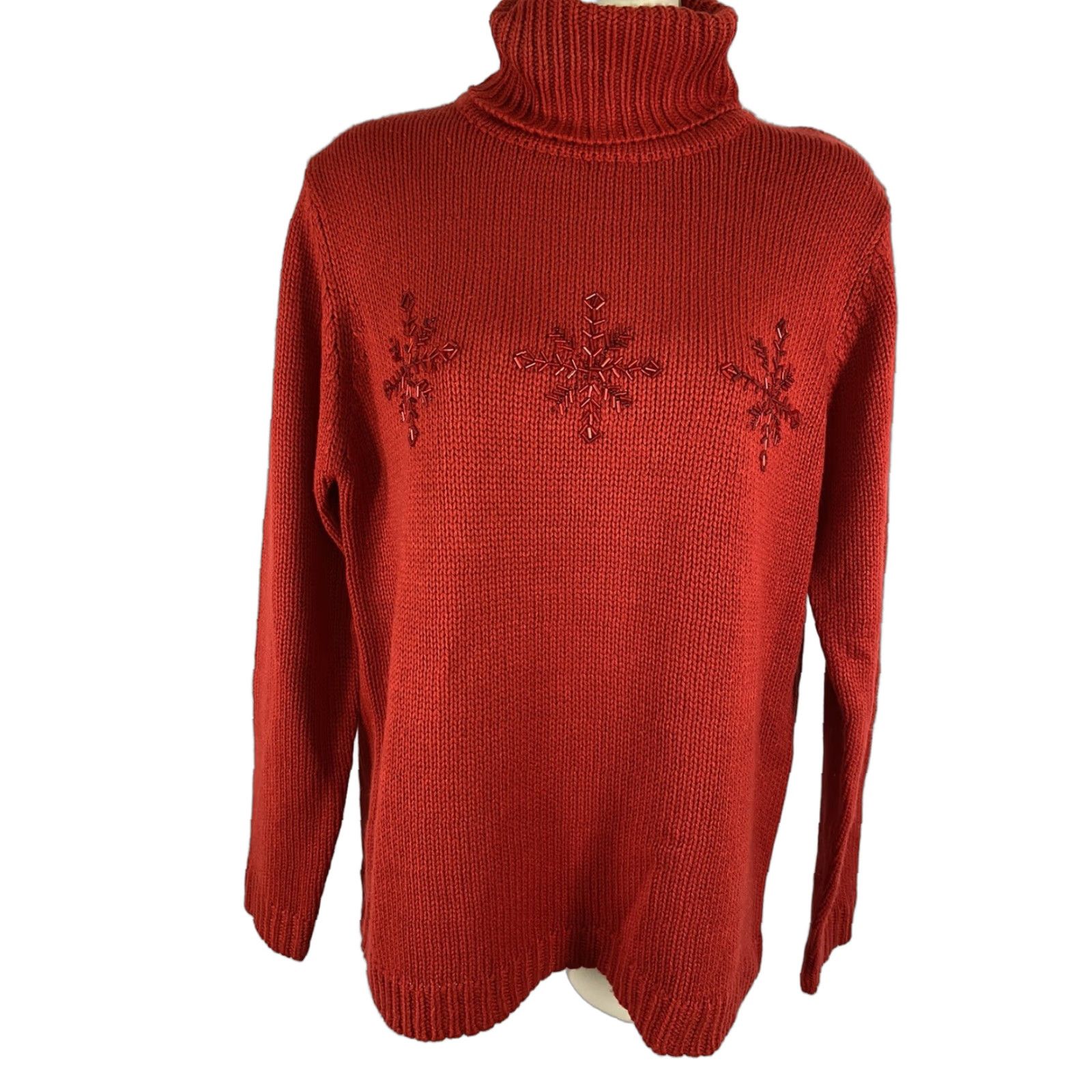 Cherokee VINTAGE Cherokee Collection Red Cable Knit Beaded Snowflake Turtleneck Sweater M Women Size M / US 6-8 / IT 42-44 - 1 Thumbnail