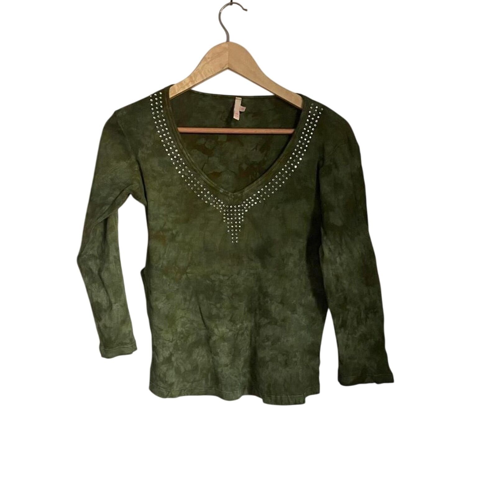 Other Y2K Women's Green Tie Dye Bedazzled 3/4 Sleeve Shirt sz XS Size XS / US 0-2 / IT 36-38 - 1 Thumbnail