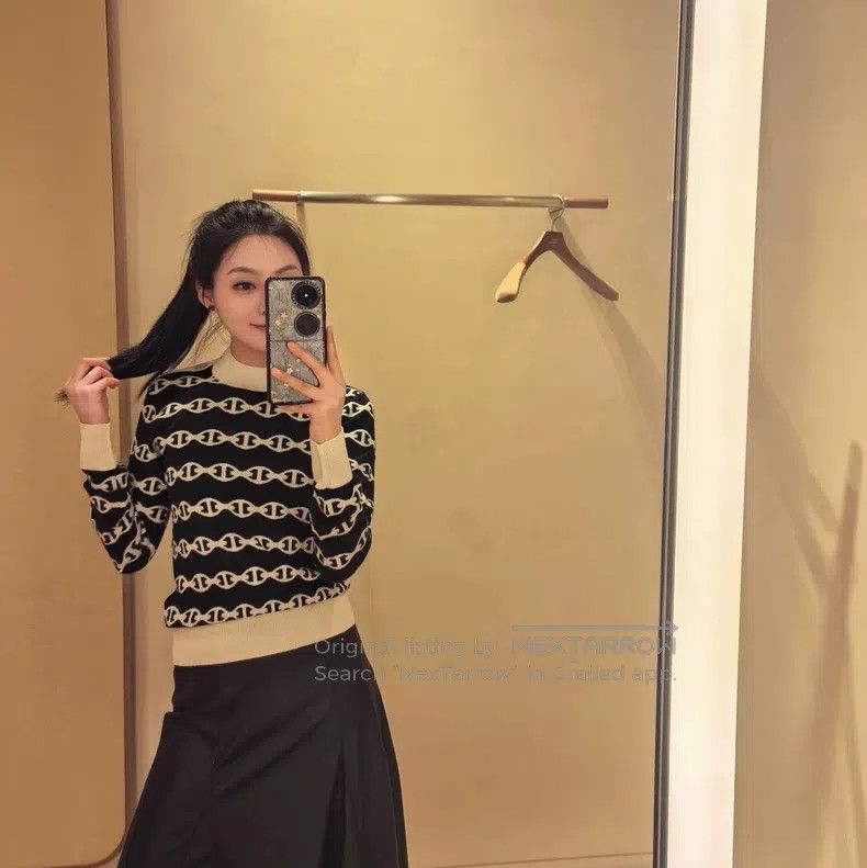 Hermes Black and White Chain Side-Button Sweater