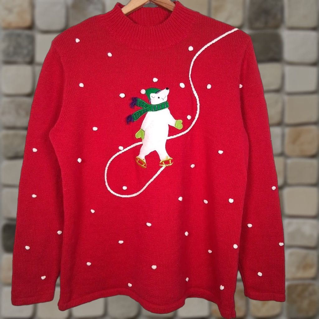 Vintage VINTAGE Cinnamon Cinder Christmas Sweater Shirt Women L Red Polar Bear Ice Skating Snow Mock Neck Long Sleeve Size L / US 10 / IT 46 - 1 Thumbnail
