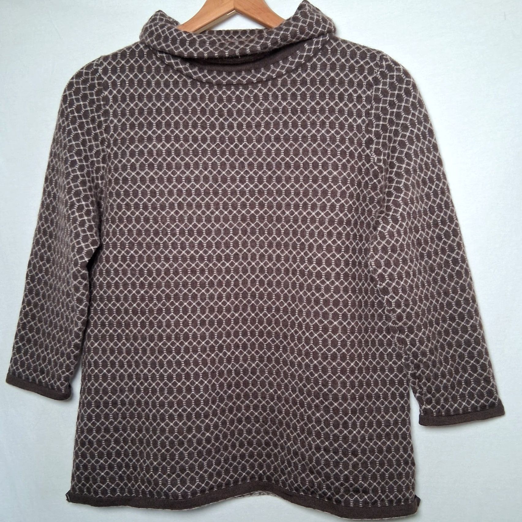 Talbots Talbots Petites Merino Wool Sweater Women PL Brown Geometric Nature Casual 3/4 Sleeve High Neck Pullover Winter Fall Spring Knit Dry Clean Only Mens? Size L / US 10 / IT 46 - 2 Thumbnail