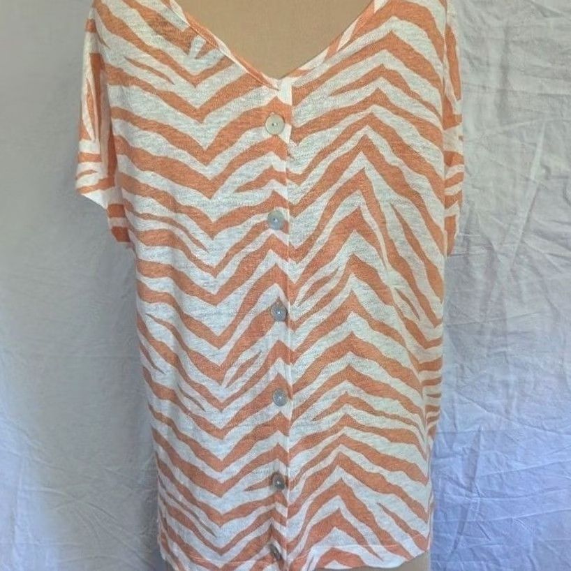 Vintage Tahari Blouse Zebra Linen Button Front V-Neck Dolman Short Sleeve Women's L Orange White Beachy Casual Summer Spring Catwalk Vintage No Size L / US 10 / IT 46 - 2 Thumbnail
