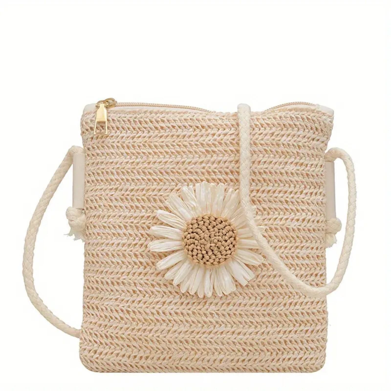 Designer Sunflower Woven Crossbody Casual Linen Shoulder Purse Bag in Beige, Women's