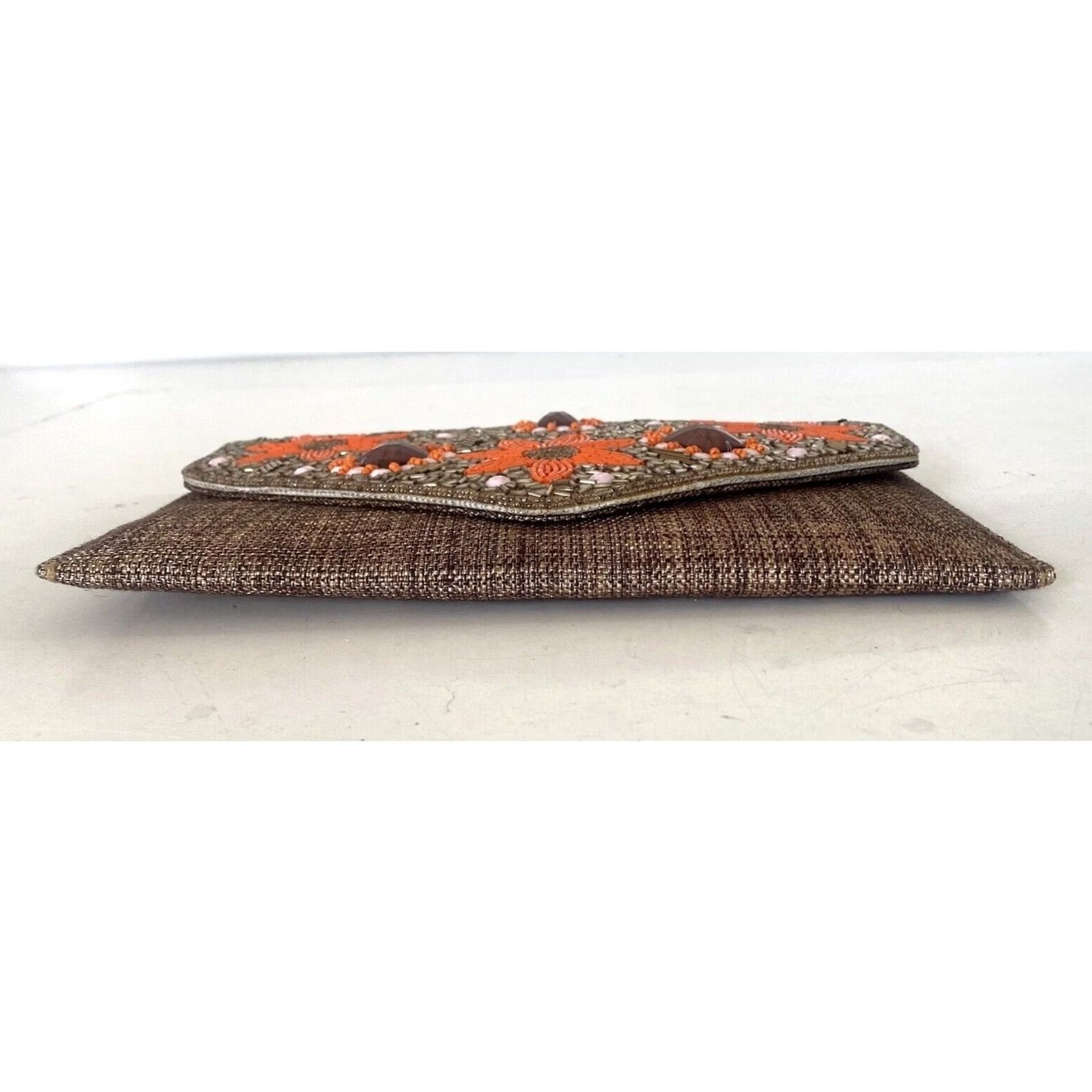 Vintage David Jeffrey Beaded Clutch Purse w/Shoulder Strap Tan Brown Orange Flowers Size ONE SIZE - 6 Thumbnail