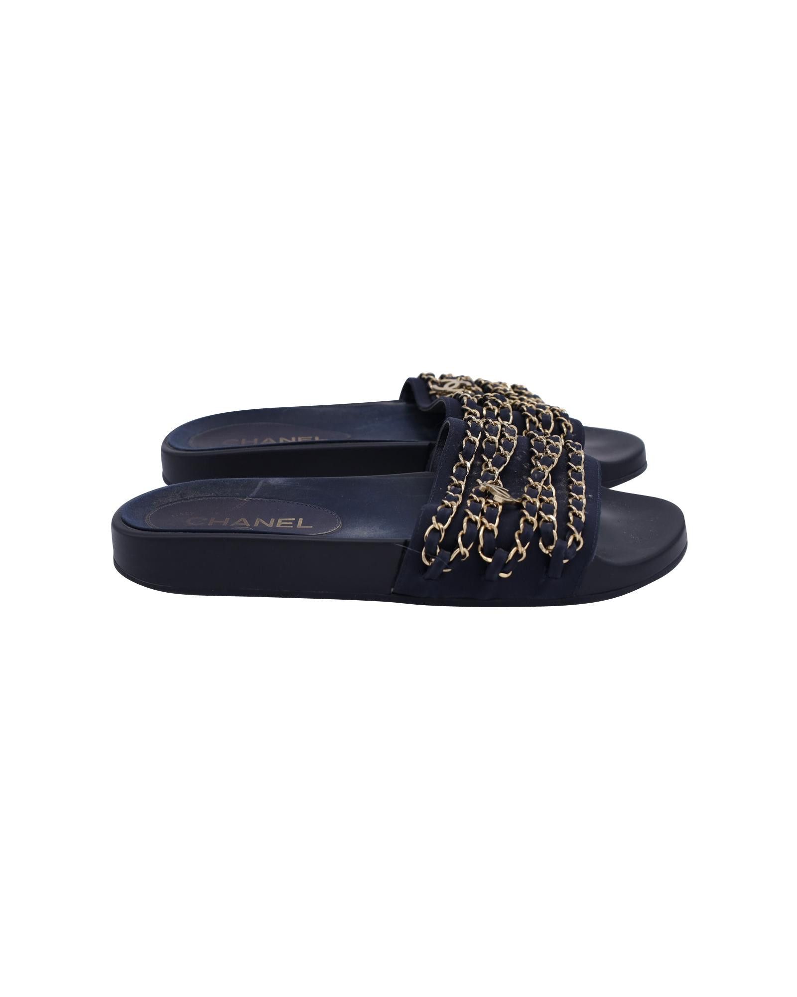image of Chanel Chain Slide Sandals In Navy Blue Canvas With Gold-Tone Chains And Cc Logo Charms, Women's (S