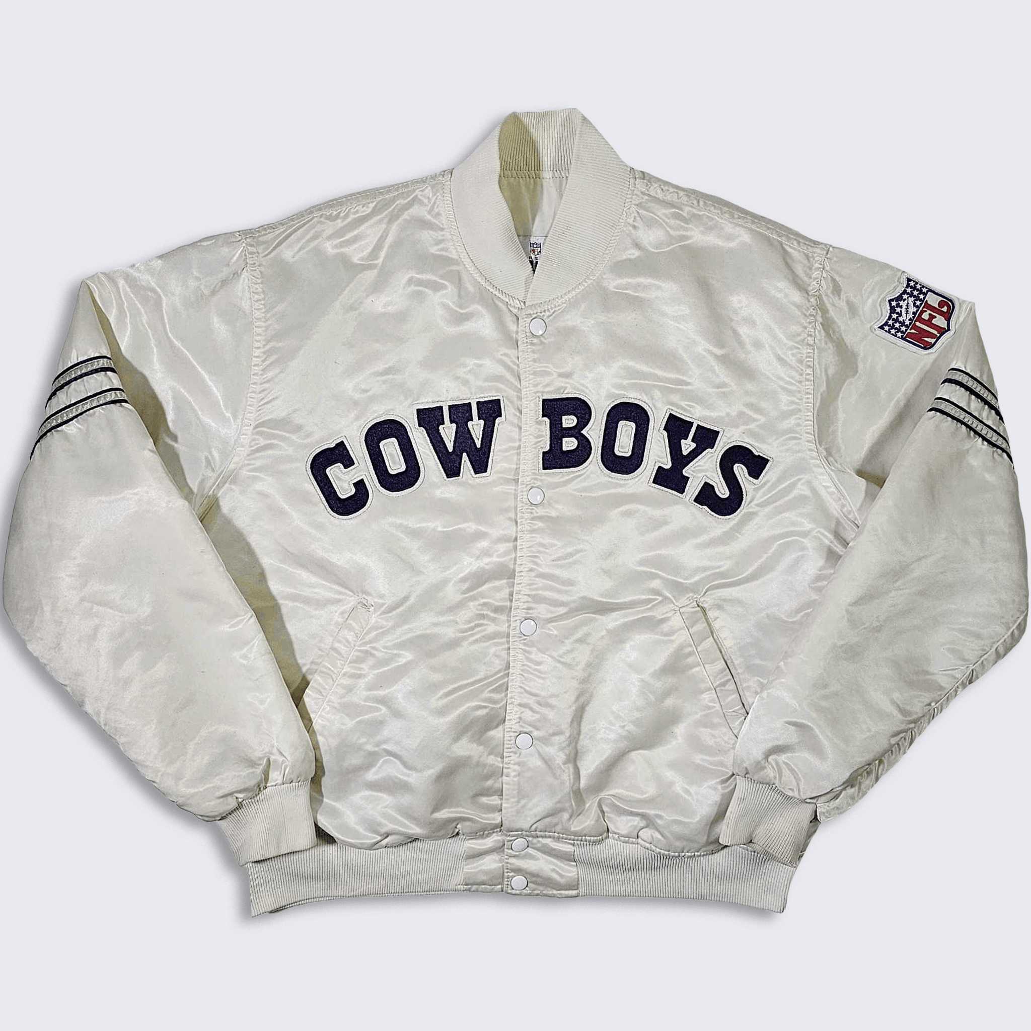 image of Nfl x Starter Dallas Cowboys Vintage 80's Starter Satin Bomber Jacket in Pearl White/Navy (Size XL)