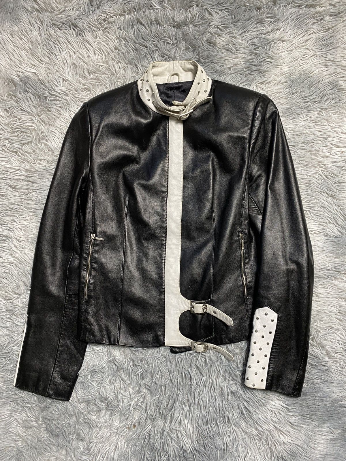 Leather × Vintage Stylish Black & White Leather Jacket - Size M Size M / US 6-8 / IT 42-44 - 1 Thumbnail