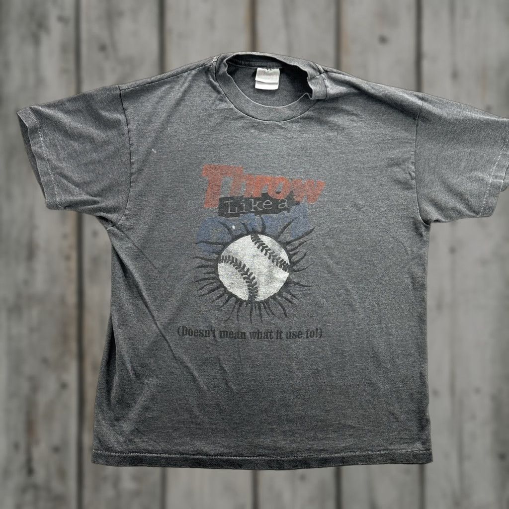 Hanes Hanes Throw Like A Girl Graphic Tee Men’s XL Gray Baseball T-Shirt Size US XL / EU 56 / 4 - 1 Thumbnail