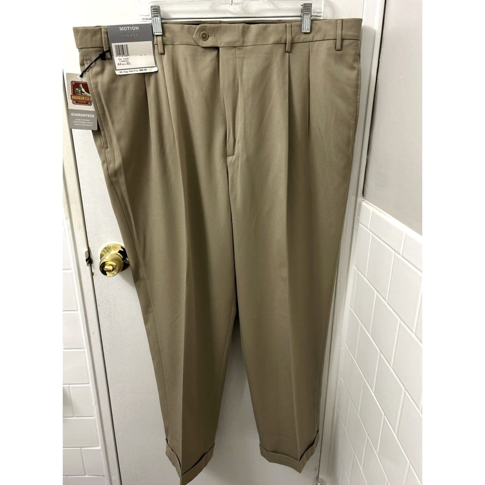 Savane Savane Motion Pants Mens 44x30 Tan Cuffed Pleated NWT Straight Leg Dress Pants Beig e 5-Pocket Motion Fabric Classic Fit Adult Mens Size US 44 / EU 60 - 2 Thumbnail