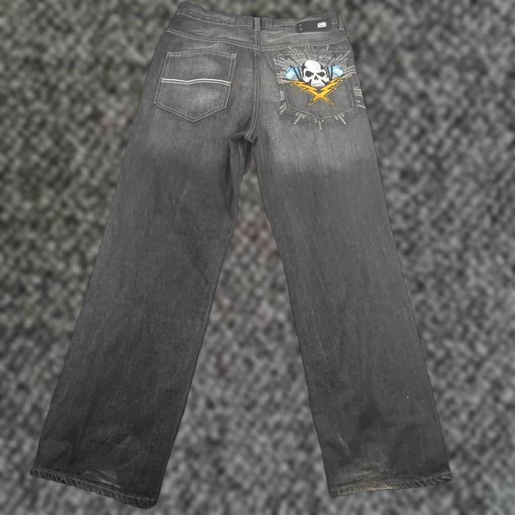 VINTAGE Ecko Unltd. Jeans Mens 36 Black Denim Baggy Fit Embroidered Skull Y2K