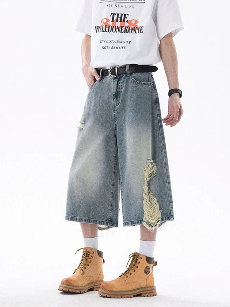Vintage Men's Retro Blue High-Waisted Distressed Denim Shorts Size US 32 / EU 48 - 2 Thumbnail