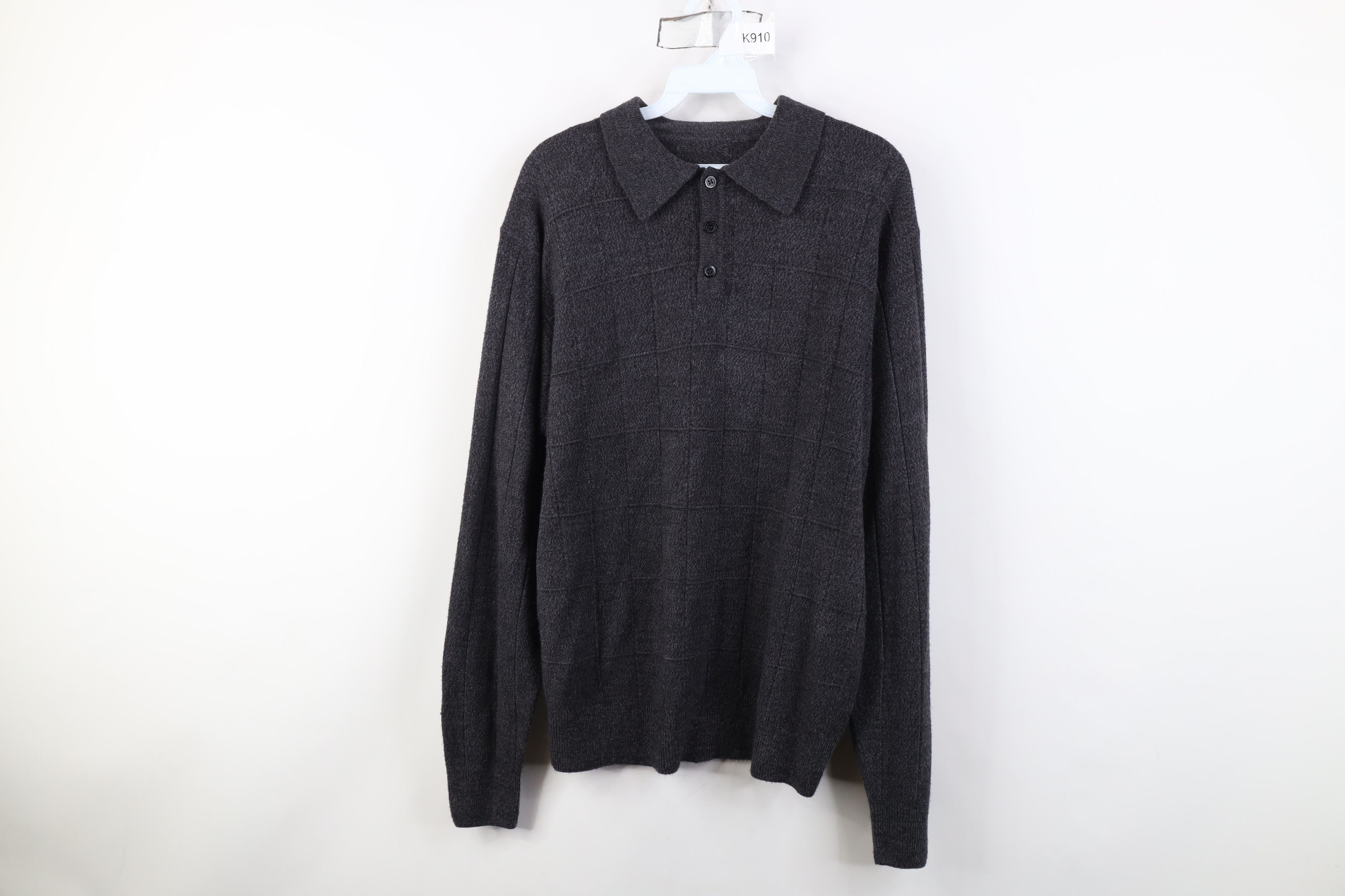 Vintage 90s Streetwear Knit Collared Sweater Gray Checkered