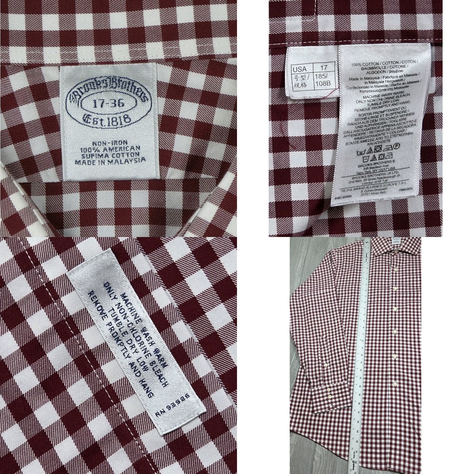 Brooks Brothers Brooks Brothers Dress Shirt Maroon White Long Sleeve - 17-36 Gingham Men Regular Button Up Shirt Size 46R - 8 Thumbnail