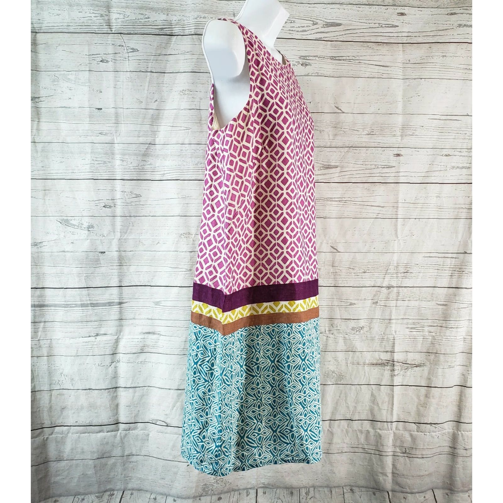 Loft LOFT Ann Taylor Womens Dress Sleeveless Linen Zip Pink Teal Size 8 Short 34.5" 18" Length Round Neck Shirt/Shift Womens Size M / US 6-8 / IT 42-44 - 3 Thumbnail