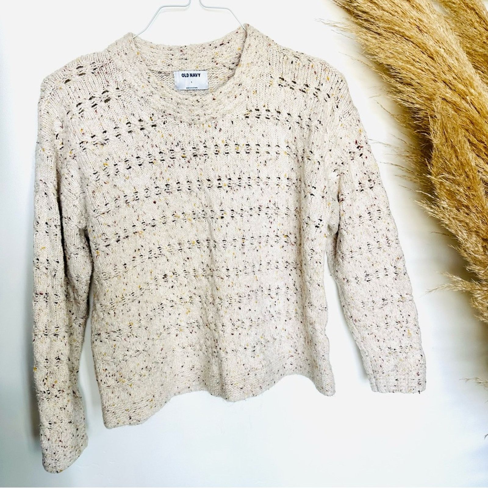 Old Navy OLD NAVY White Marl Chunky Crew Woven Crop Pullover Sweater Size S / US 4 / IT 40 - 6 Thumbnail