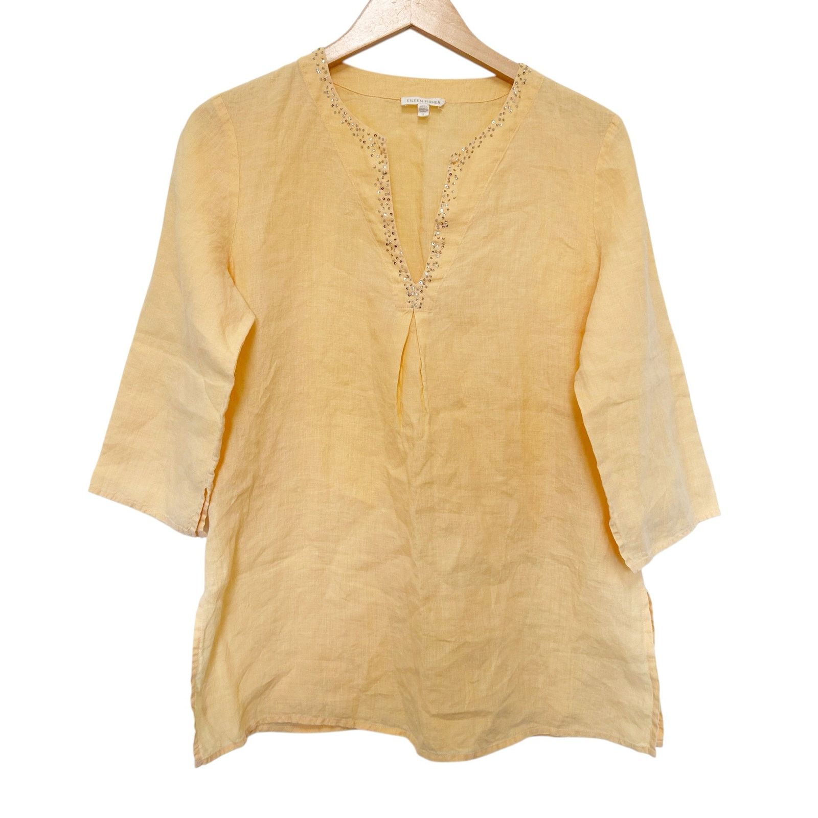 Eileen Fisher Eileen Fisher Yellow 100% Irish Linen Split Neck Top Sz S Size S / US 4 / IT 40 - 1 Thumbnail