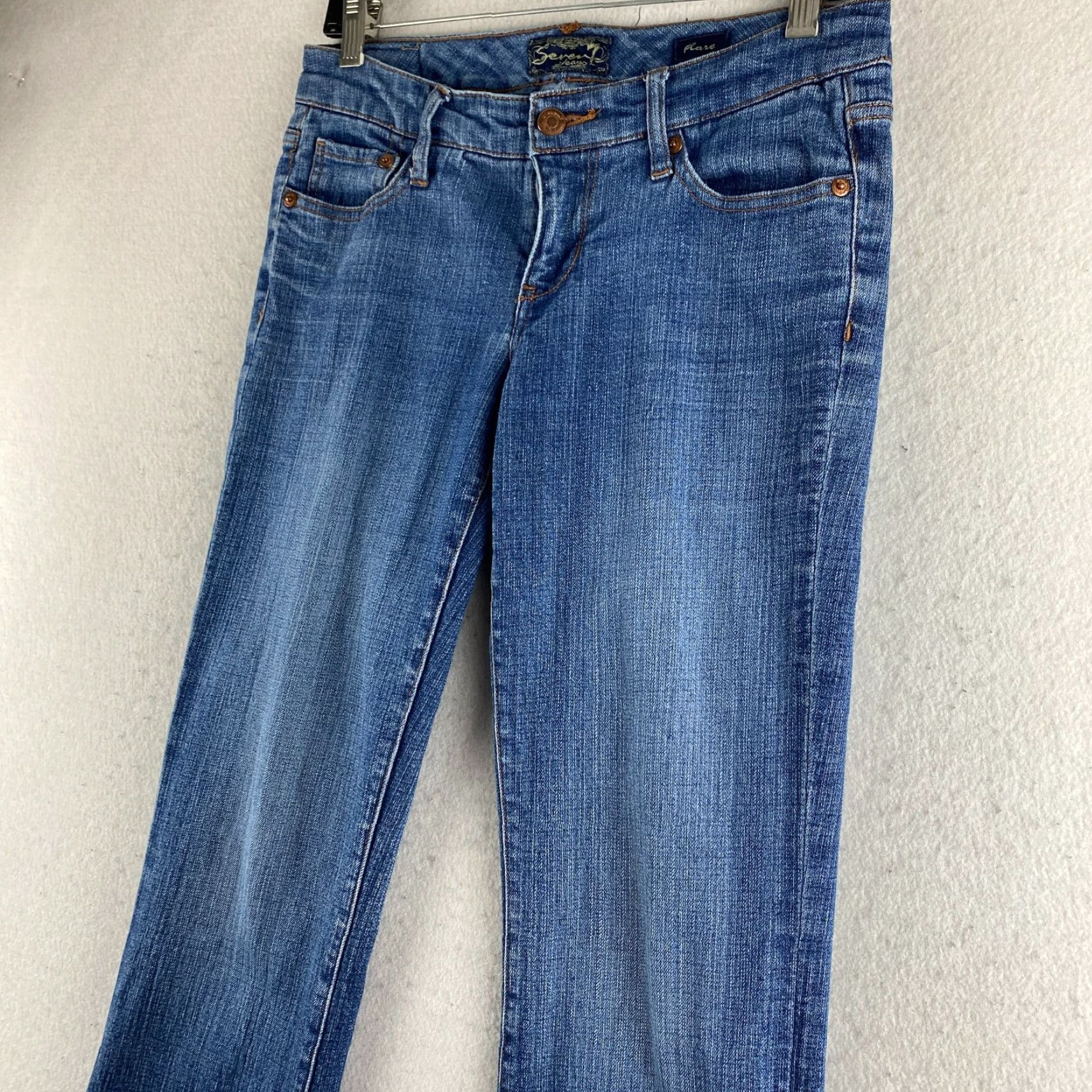Vintage Seven7 Jeans Womens Flared Jeans 27 Blue Low-Rise Distressed Embroidered Denim Pants Size 27" / US 4 / IT 40 - 7 Thumbnail