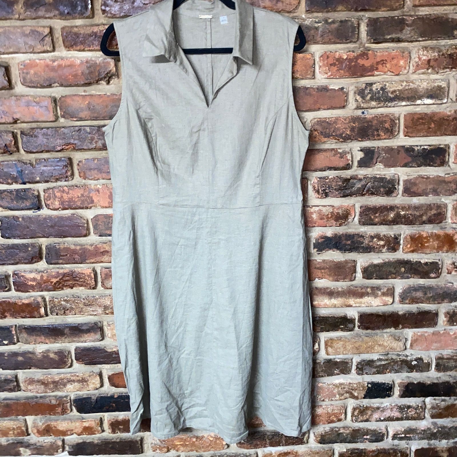 Tahari Olive Army Green Linen Sleeveless Shirt Dress 14